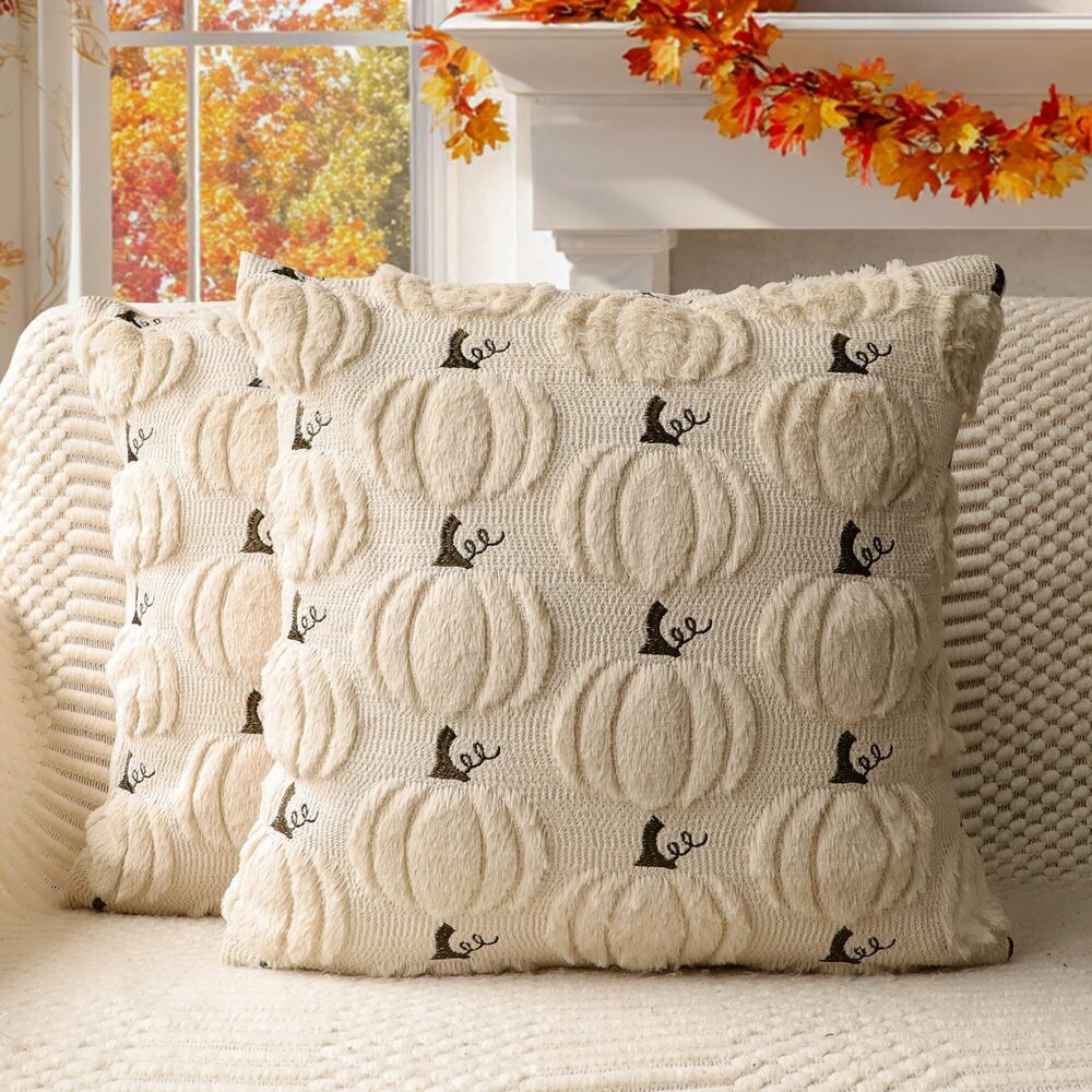 2905 Fall Pumpkin Decorative Pillow Covers 16x16 Set of 2, Beige Soft Plush